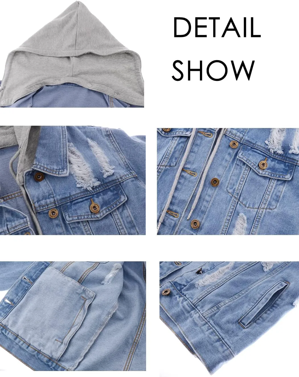 Anna-Kaci Women's Casual Loose Boyfriend Ripped Distressed Detachable Hoodie Denim Jacket Jean Coats