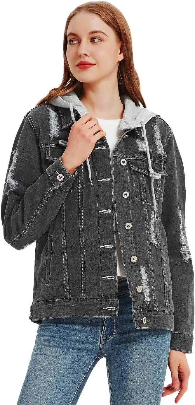 Anna-Kaci Women's Casual Loose Boyfriend Ripped Distressed Detachable Hoodie Denim Jacket Jean Coats