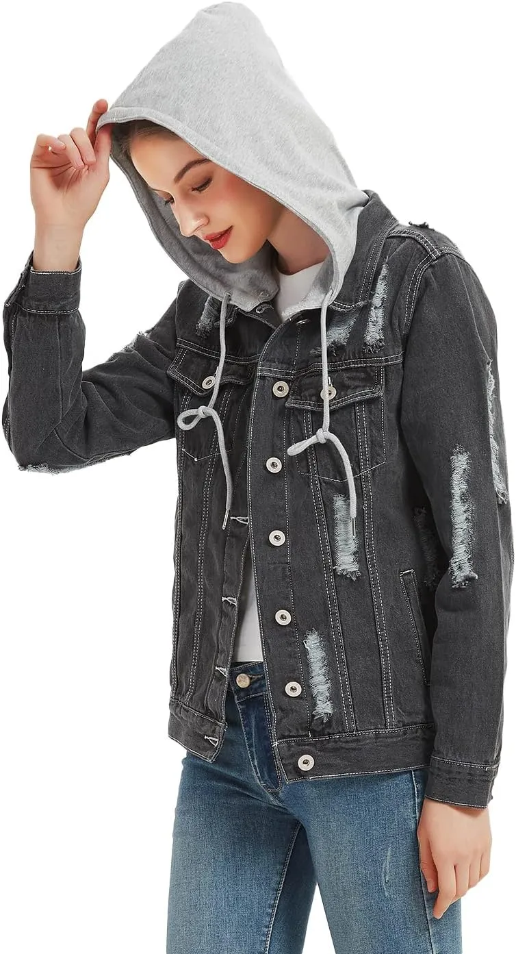Anna-Kaci Women's Casual Loose Boyfriend Ripped Distressed Detachable Hoodie Denim Jacket Jean Coats