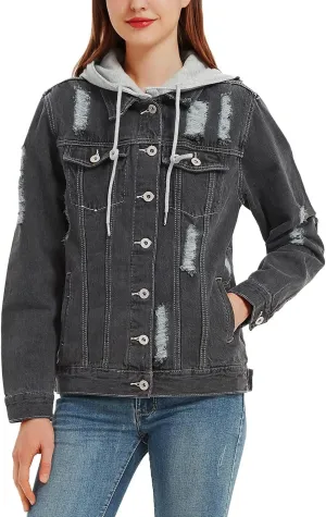 Anna-Kaci Women's Casual Loose Boyfriend Ripped Distressed Detachable Hoodie Denim Jacket Jean Coats