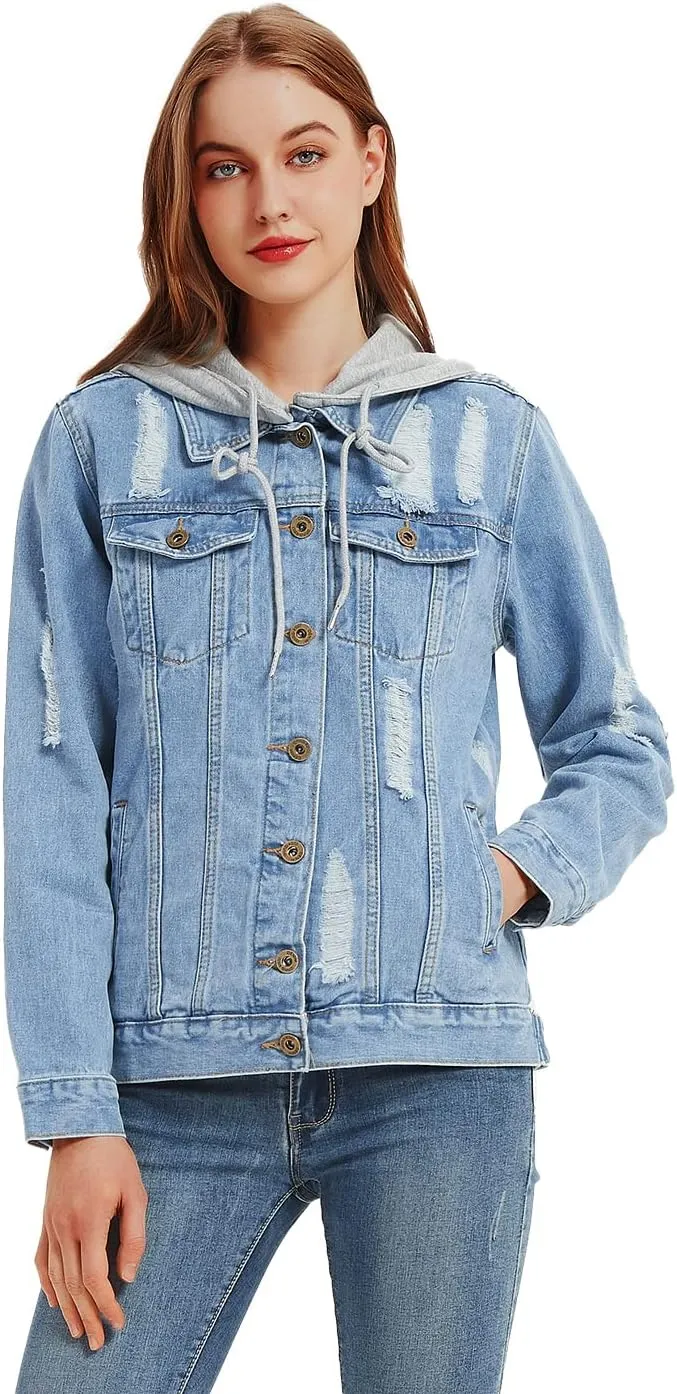Anna-Kaci Women's Casual Loose Boyfriend Ripped Distressed Detachable Hoodie Denim Jacket Jean Coats