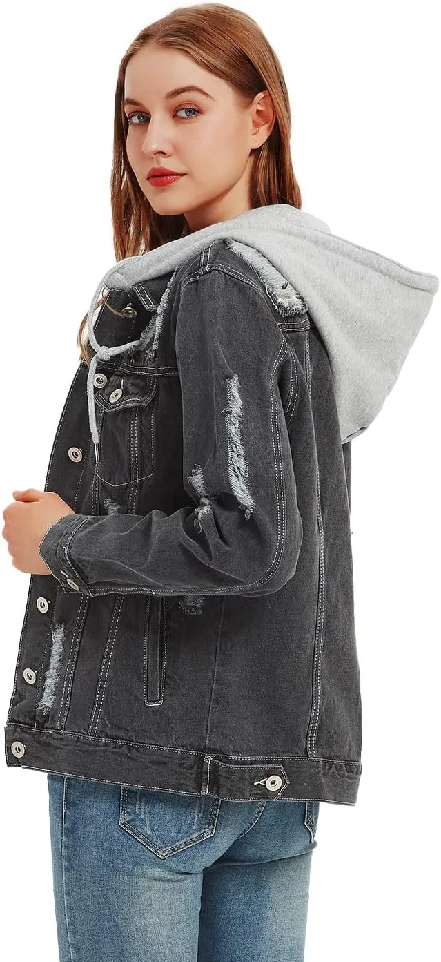 Anna-Kaci Women's Casual Loose Boyfriend Ripped Distressed Detachable Hoodie Denim Jacket Jean Coats