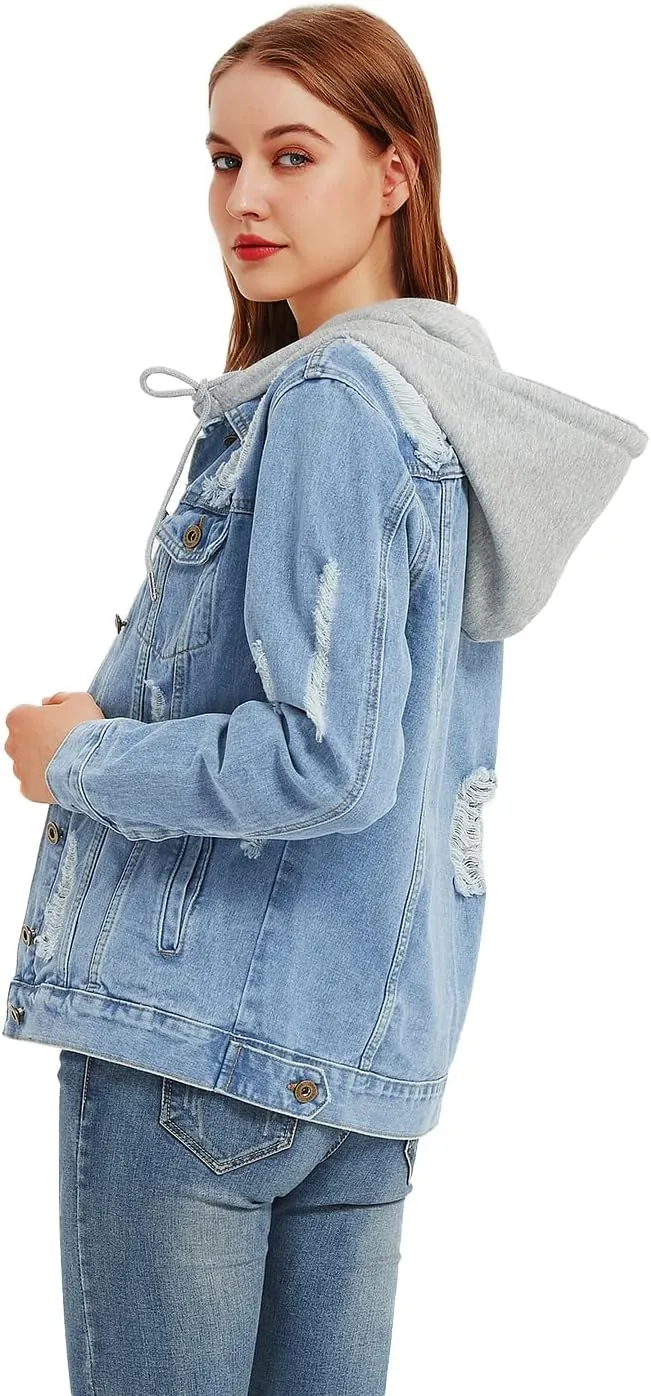 Anna-Kaci Women's Casual Loose Boyfriend Ripped Distressed Detachable Hoodie Denim Jacket Jean Coats