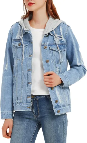 Anna-Kaci Women's Casual Loose Boyfriend Ripped Distressed Detachable Hoodie Denim Jacket Jean Coats