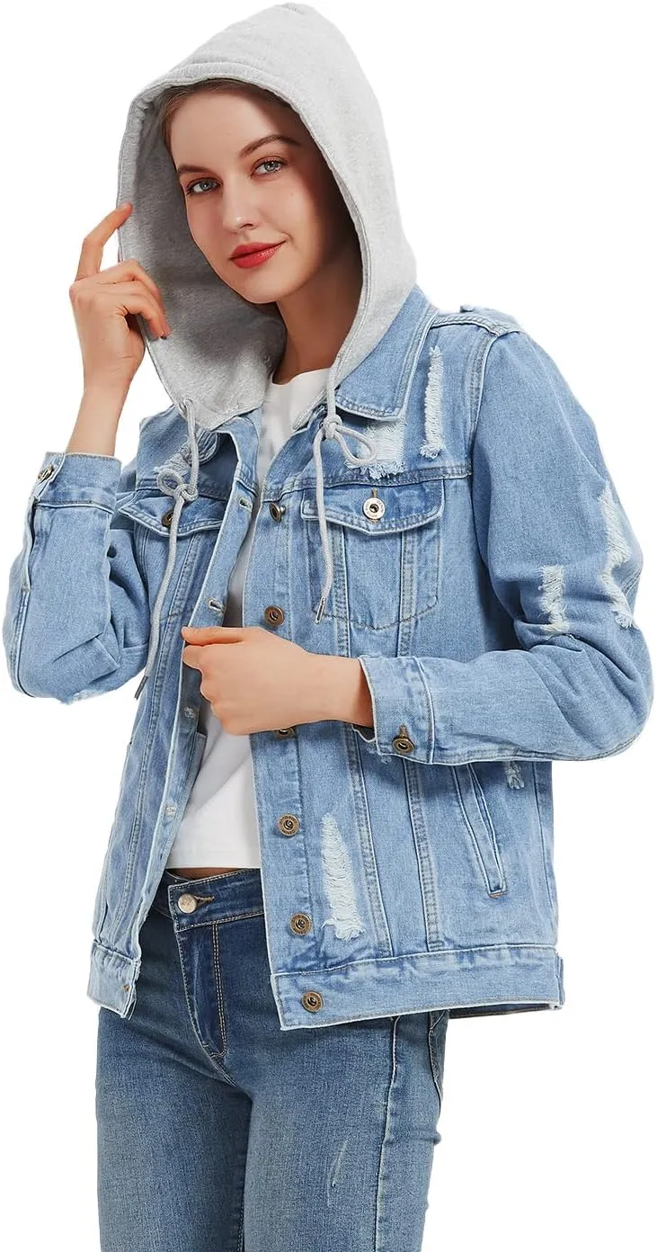 Anna-Kaci Women's Casual Loose Boyfriend Ripped Distressed Detachable Hoodie Denim Jacket Jean Coats