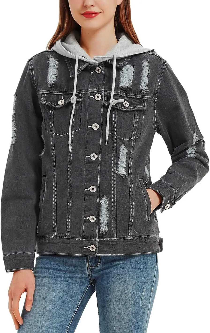 Anna-Kaci Women's Casual Loose Boyfriend Ripped Distressed Detachable Hoodie Denim Jacket Jean Coats