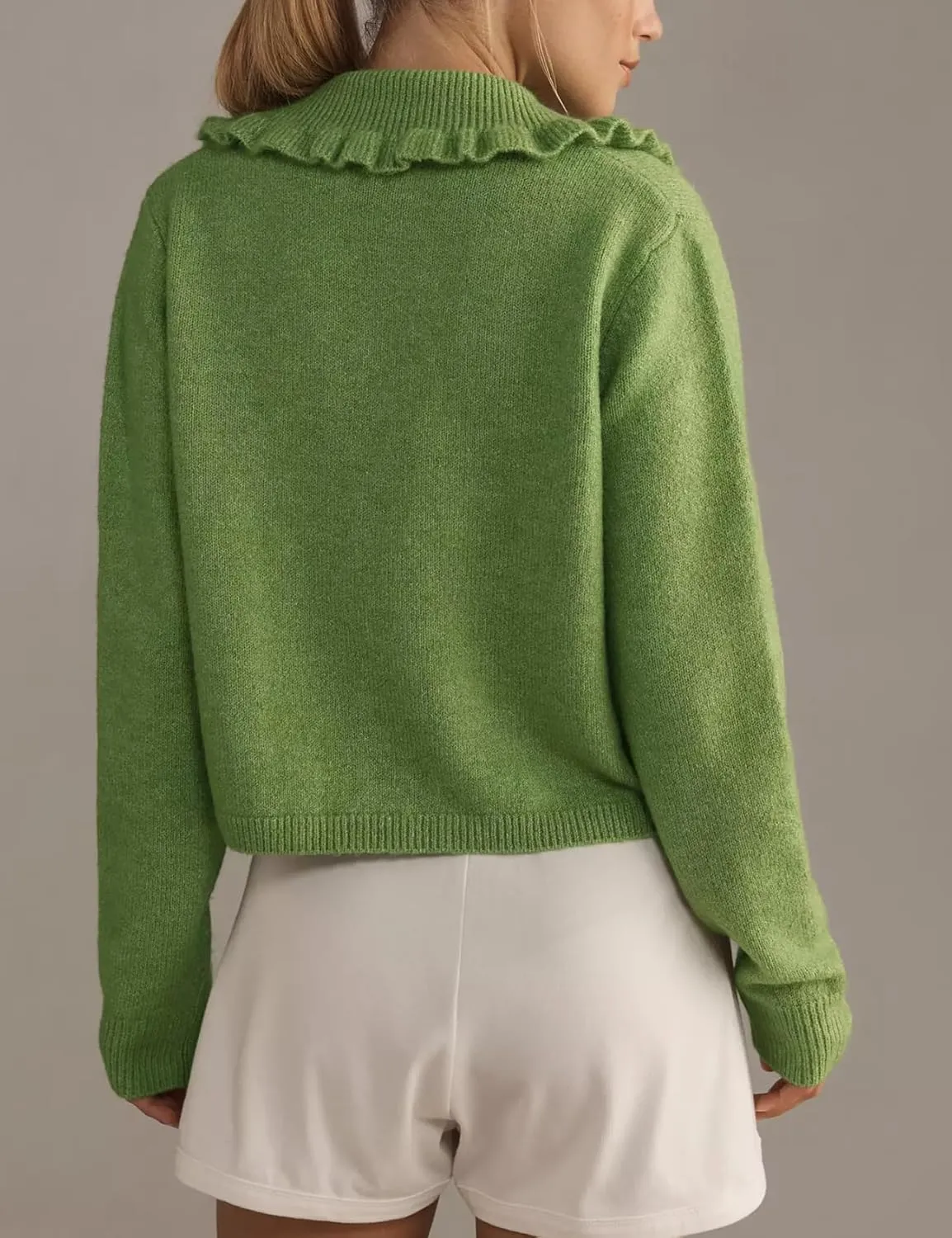 Arssm Womens Ruffle Collar Cardigan Cropped Button Down Open Front Sweaters Knitted Long Sleeve Fall 2025 Elegant Outwear