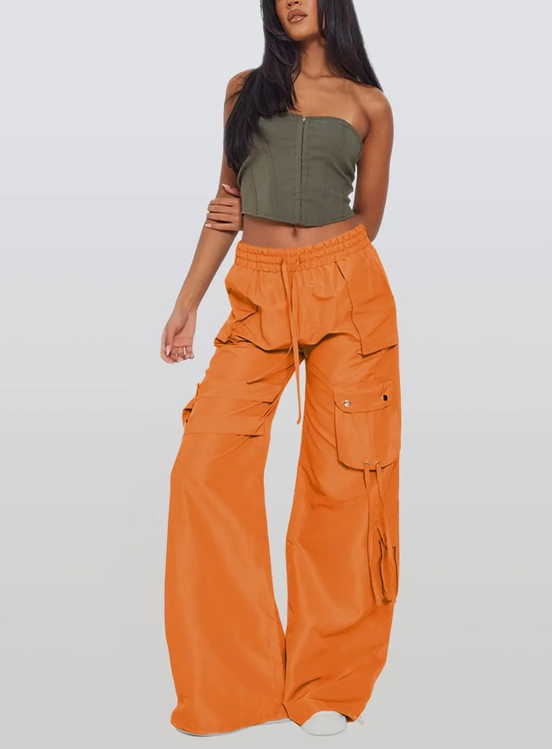ARTFREE Cargo Pants Women Trendy High Waisted Parachute Pants Straight Y2K Drawstring Casual Pants with Pockets