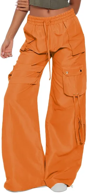 ARTFREE Cargo Pants Women Trendy High Waisted Parachute Pants Straight Y2K Drawstring Casual Pants with Pockets