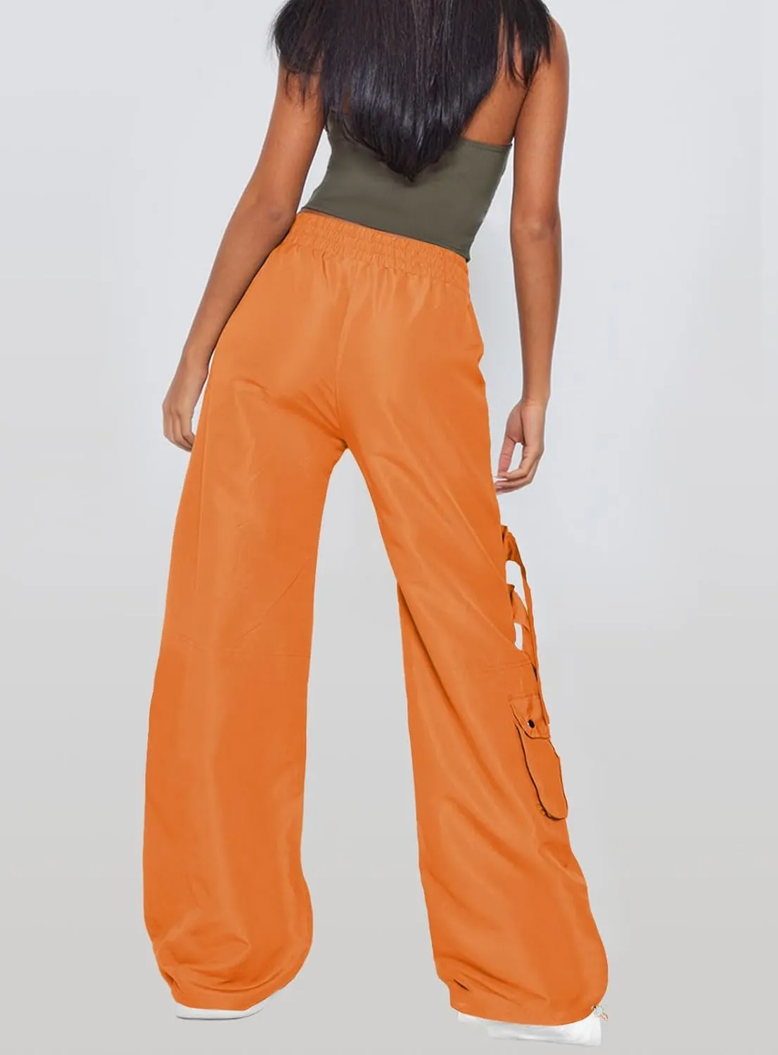 ARTFREE Cargo Pants Women Trendy High Waisted Parachute Pants Straight Y2K Drawstring Casual Pants with Pockets