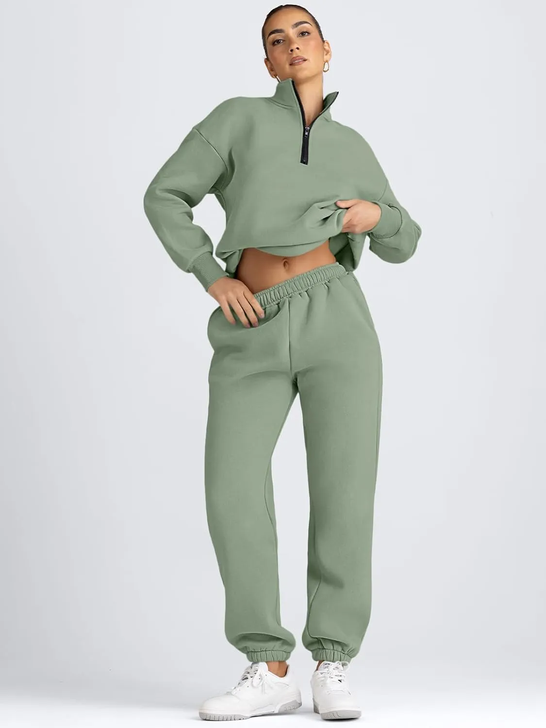 AUTOMET Women's Sweatsuits 2 Piece Outfits Long Sleeve Half Zip Pullover and Baggy Sweatpants with Pockets