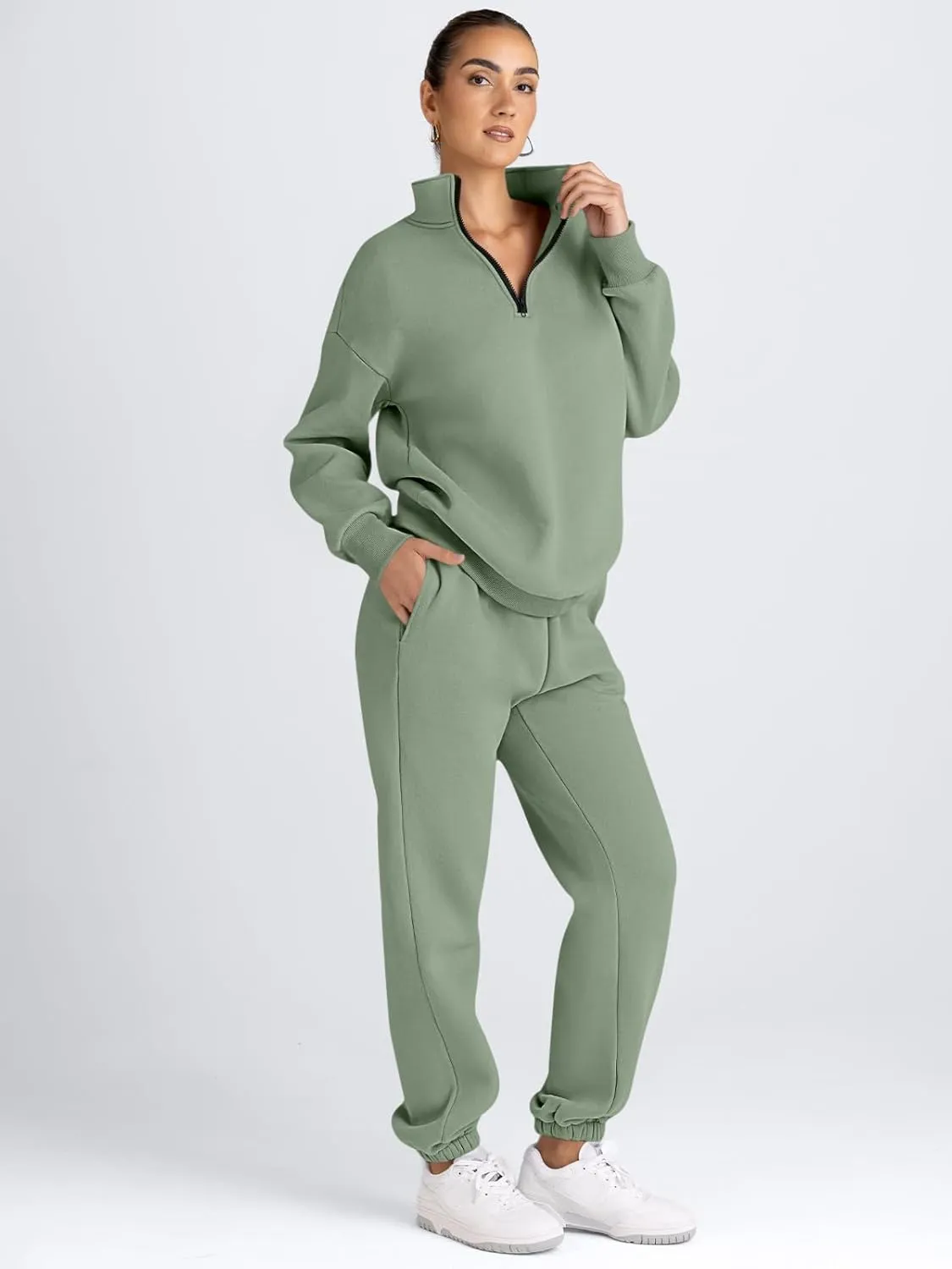 AUTOMET Women's Sweatsuits 2 Piece Outfits Long Sleeve Half Zip Pullover and Baggy Sweatpants with Pockets