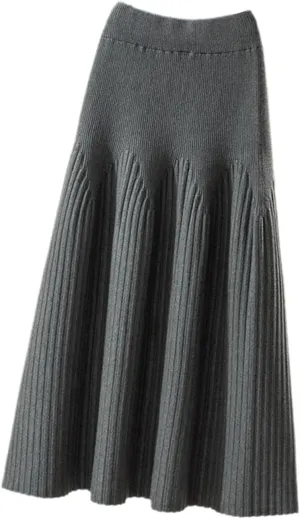 Autumn Winter Knitted Skirt Women Casual Solid All-Match A Line High Waist Pleated Midi Long Skirt