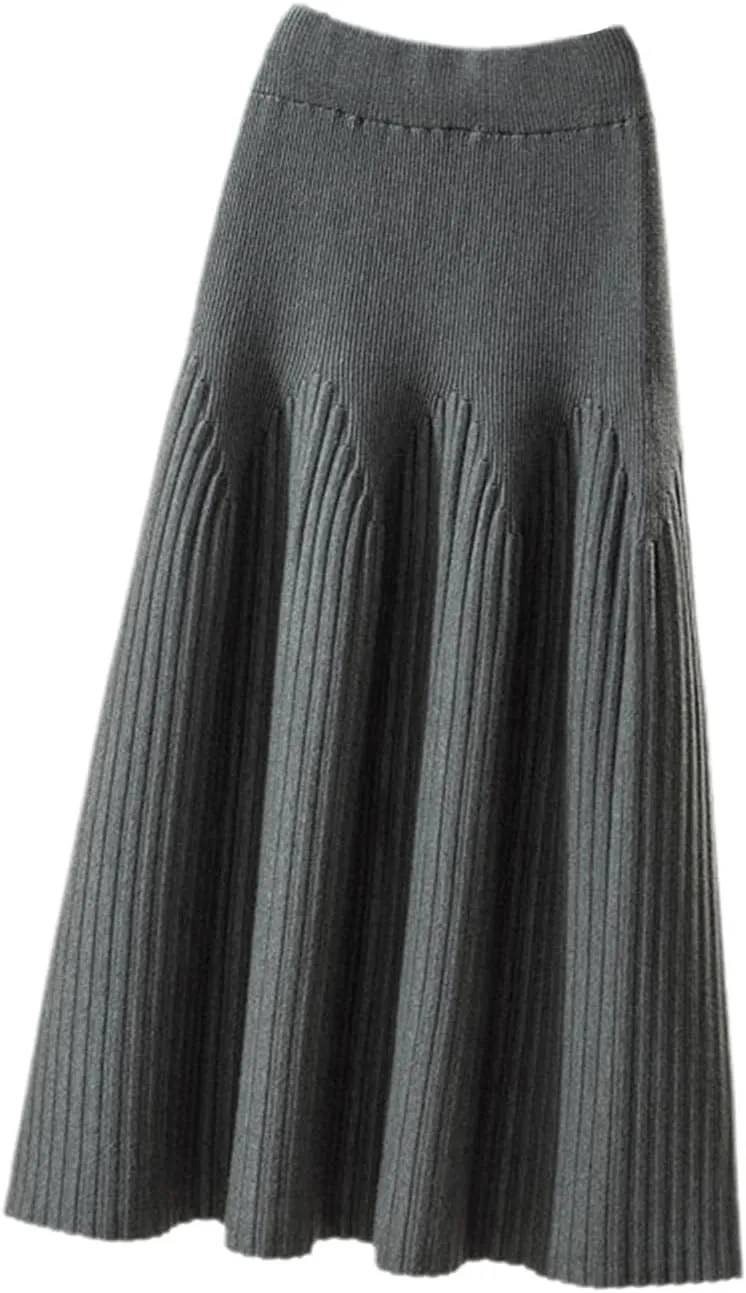 Autumn Winter Knitted Skirt Women Casual Solid All-Match A Line High Waist Pleated Midi Long Skirt