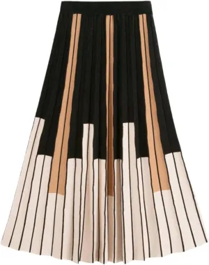 Autumn Winter Women Knitted Midi Skirt Vintage Contrast Striped A Line High Waist Pleated Long Skirt