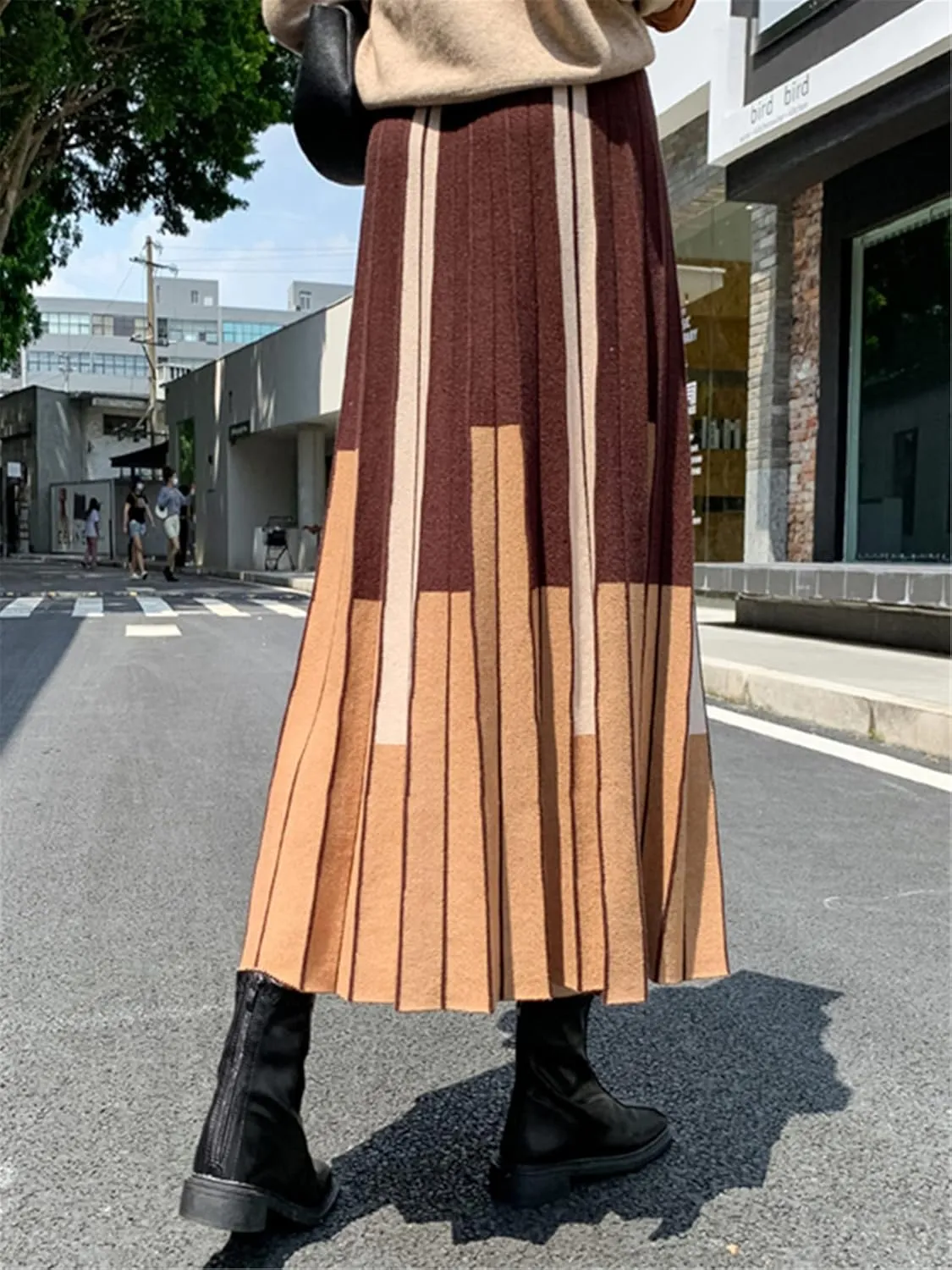 Autumn Winter Women Knitted Midi Skirt Vintage Contrast Striped A Line High Waist Pleated Long Skirt