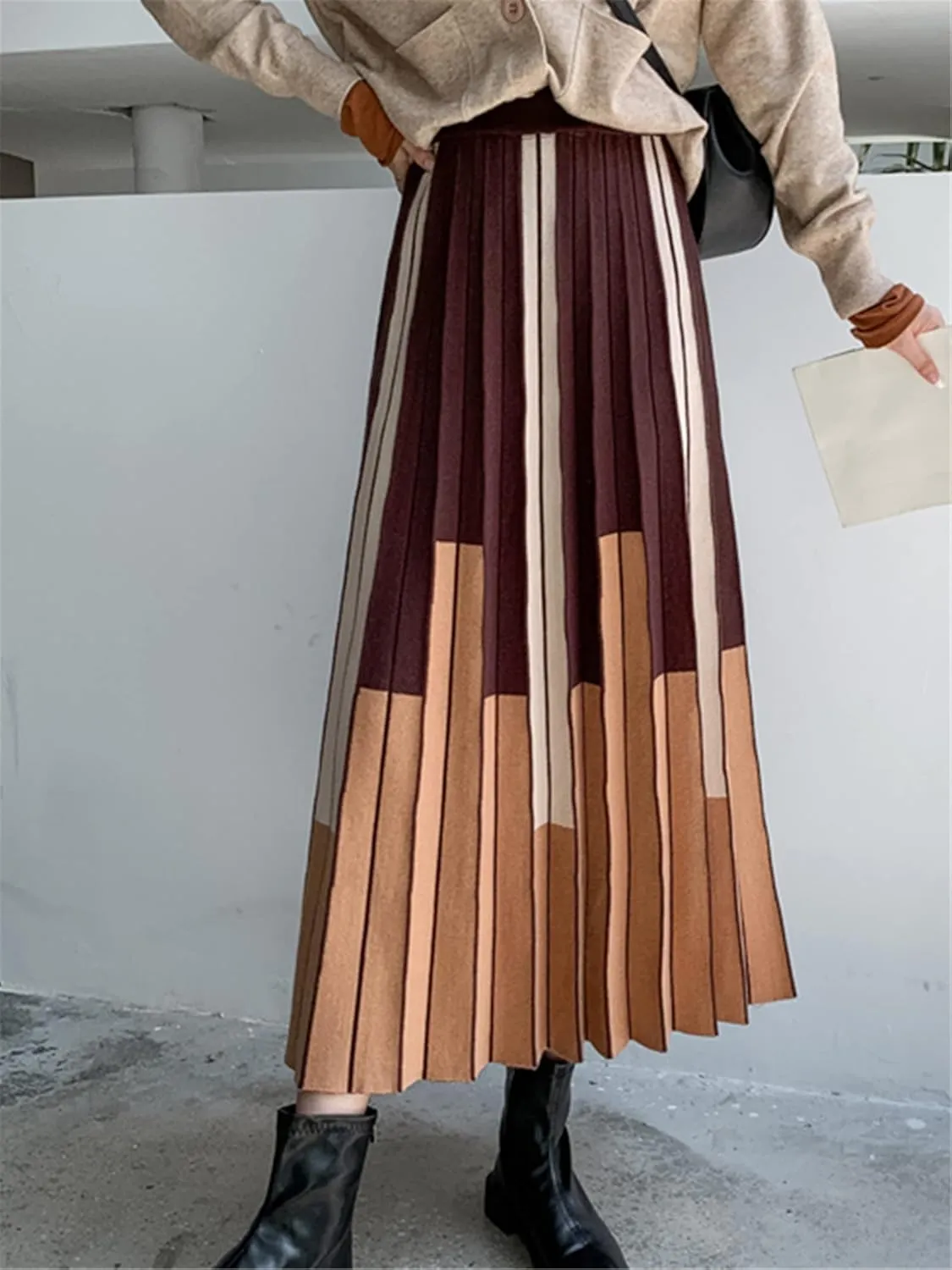 Autumn Winter Women Knitted Midi Skirt Vintage Contrast Striped A Line High Waist Pleated Long Skirt