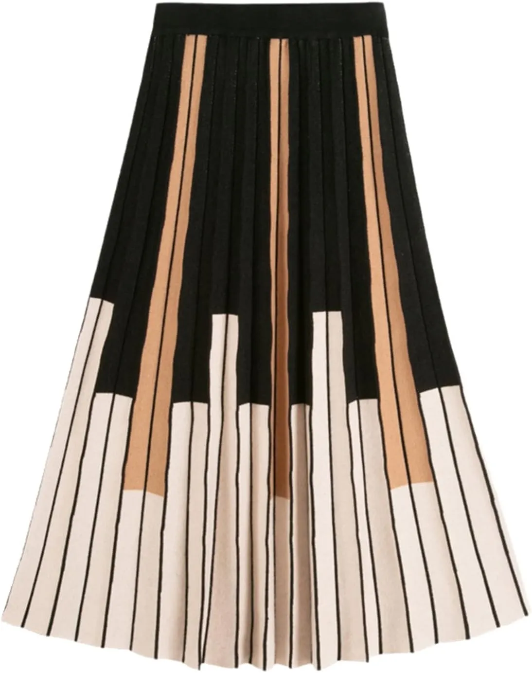 Autumn Winter Women Knitted Midi Skirt Vintage Contrast Striped A Line High Waist Pleated Long Skirt