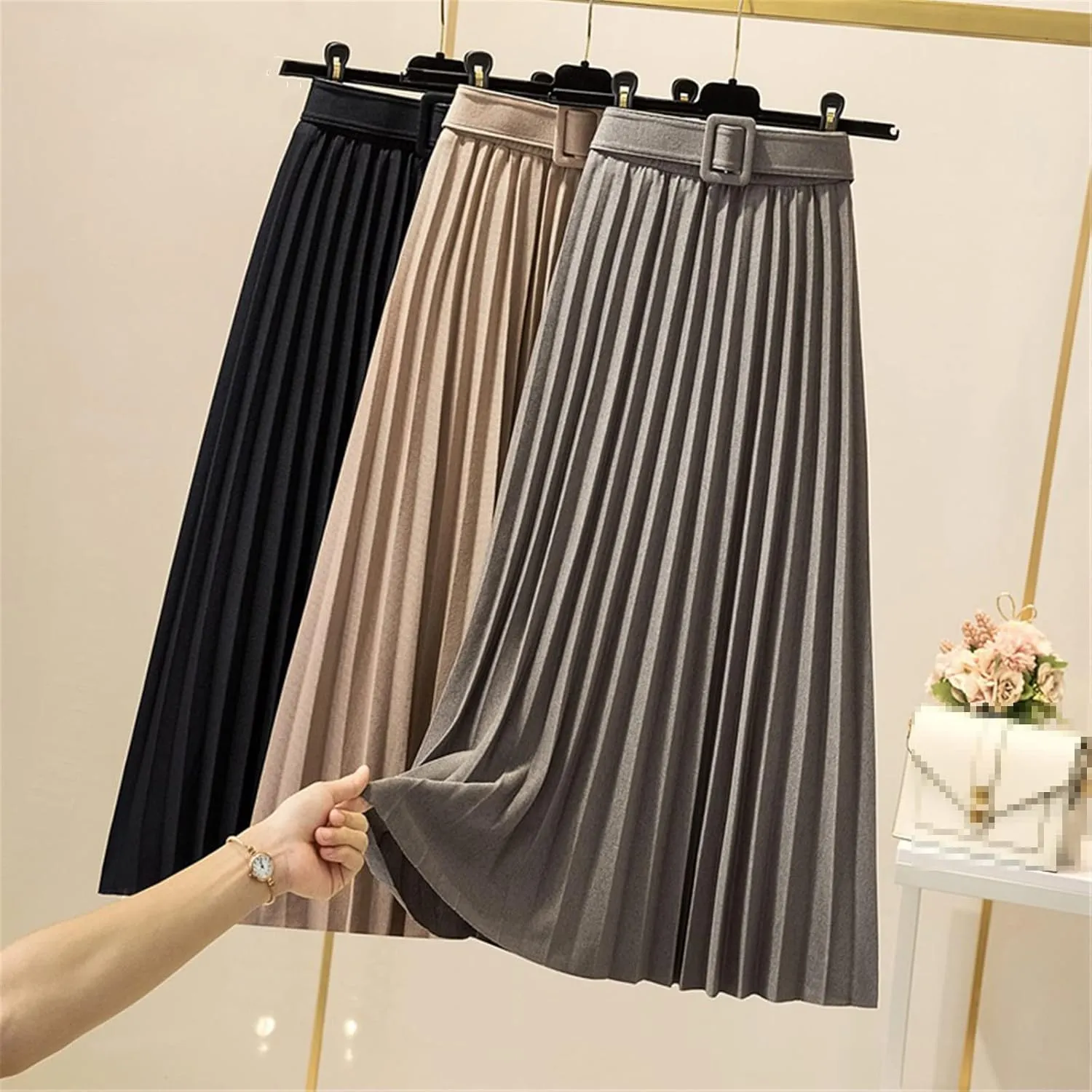 Autumn Winter Women Pleated Skirt Casual Solid All-Match A Line High Waist Midi Long Skirt Female with Belt