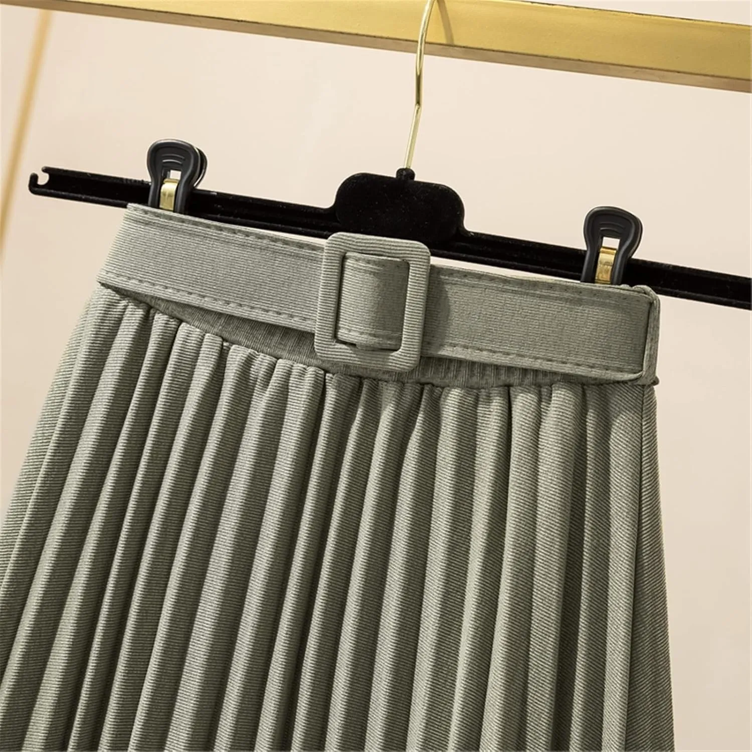 Autumn Winter Women Pleated Skirt Casual Solid All-Match A Line High Waist Midi Long Skirt Female with Belt