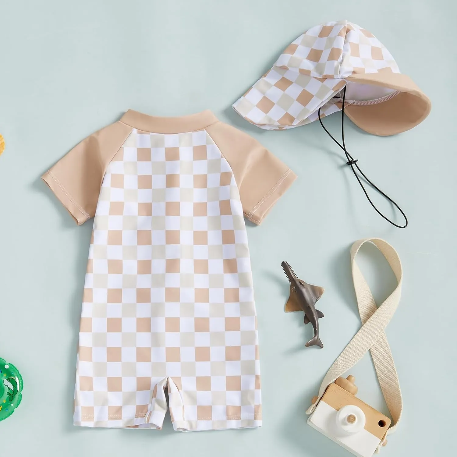 Baby Boy Girl Swimsuit Toddler Checkered Print Half Zip One Piece Bathing Suit Swimsuit Rash Guard Surfing Suit Hat