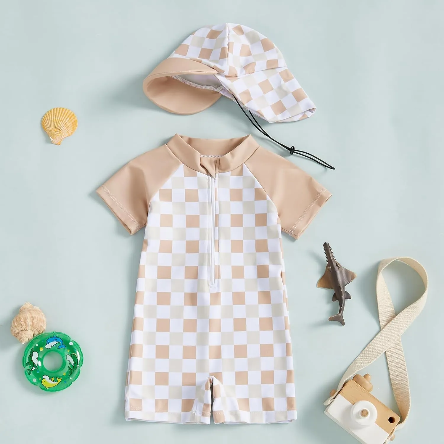 Baby Boy Girl Swimsuit Toddler Checkered Print Half Zip One Piece Bathing Suit Swimsuit Rash Guard Surfing Suit Hat
