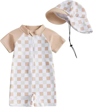 Baby Boy Girl Swimsuit Toddler Checkered Print Half Zip One Piece Bathing Suit Swimsuit Rash Guard Surfing Suit Hat