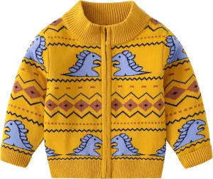 Baby Boys Girls Button Up Cardigan Sweater Dinosaur Full-Zip Long Sleeve V Neck Cartoon Embroidery Coat