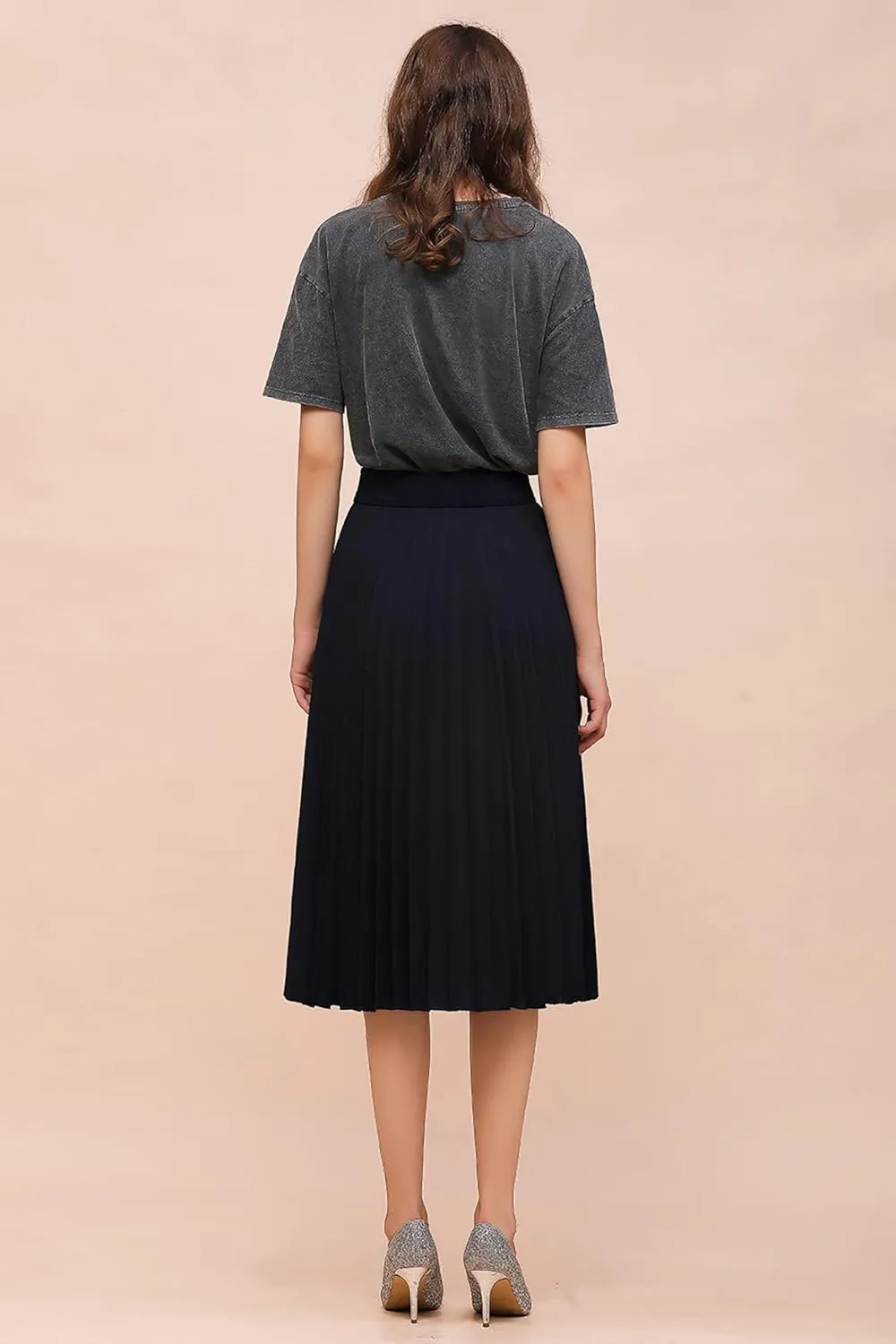 BABYONLINE D.R.E.S.S. Women's Elastic Pleated Casual Chiffon Skirt High Waist A-line Swing Midi Skirt