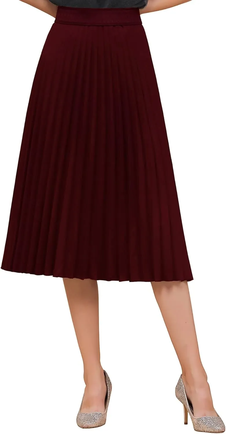 BABYONLINE D.R.E.S.S. Women's Elastic Pleated Casual Chiffon Skirt High Waist A-line Swing Midi Skirt