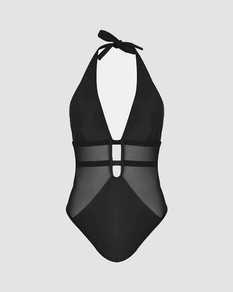 Backless Mesh Plunge Halter Neck Swimsuit