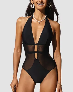 Backless Mesh Plunge Halter Neck Swimsuit
