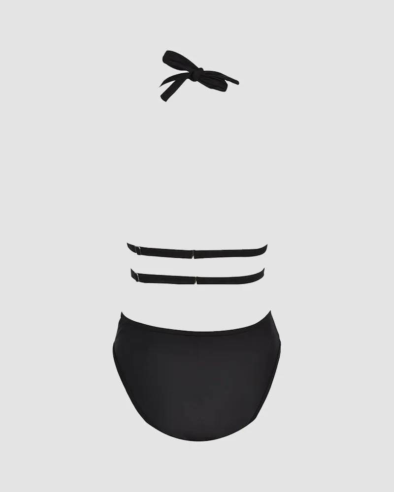 Backless Mesh Plunge Halter Neck Swimsuit