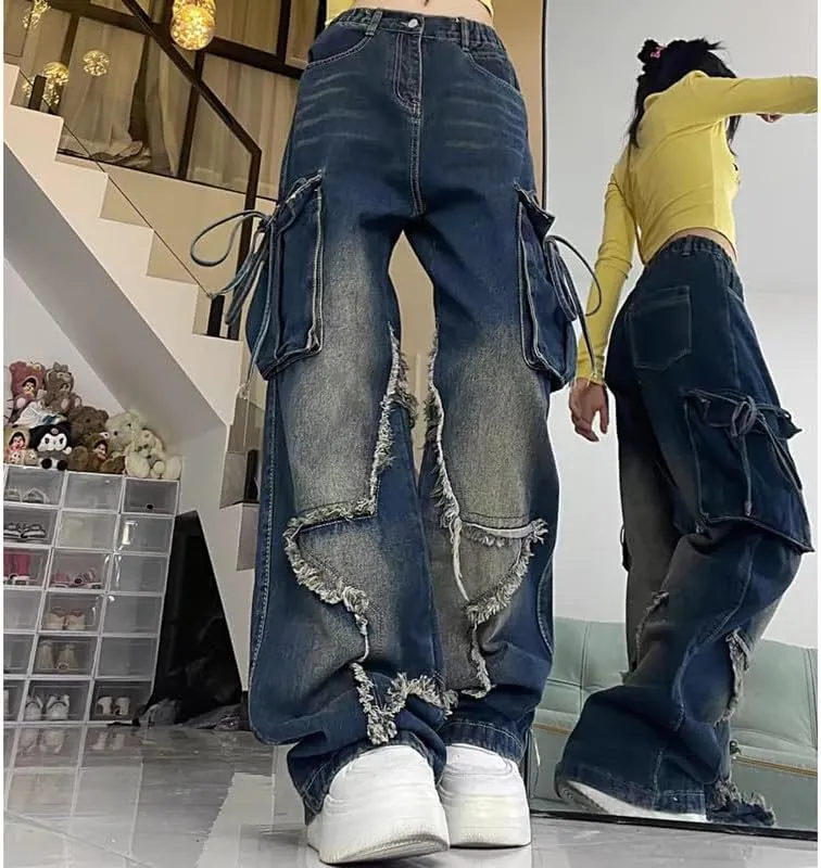 Baggy Cargo Pants for Women Girls Star Jeans Y2k Low Waisted Wide Leg Jeans Cute Streetwear Vintage Clothes