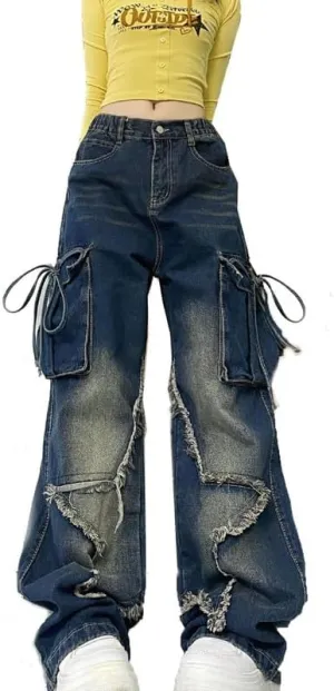 Baggy Cargo Pants for Women Girls Star Jeans Y2k Low Waisted Wide Leg Jeans Cute Streetwear Vintage Clothes
