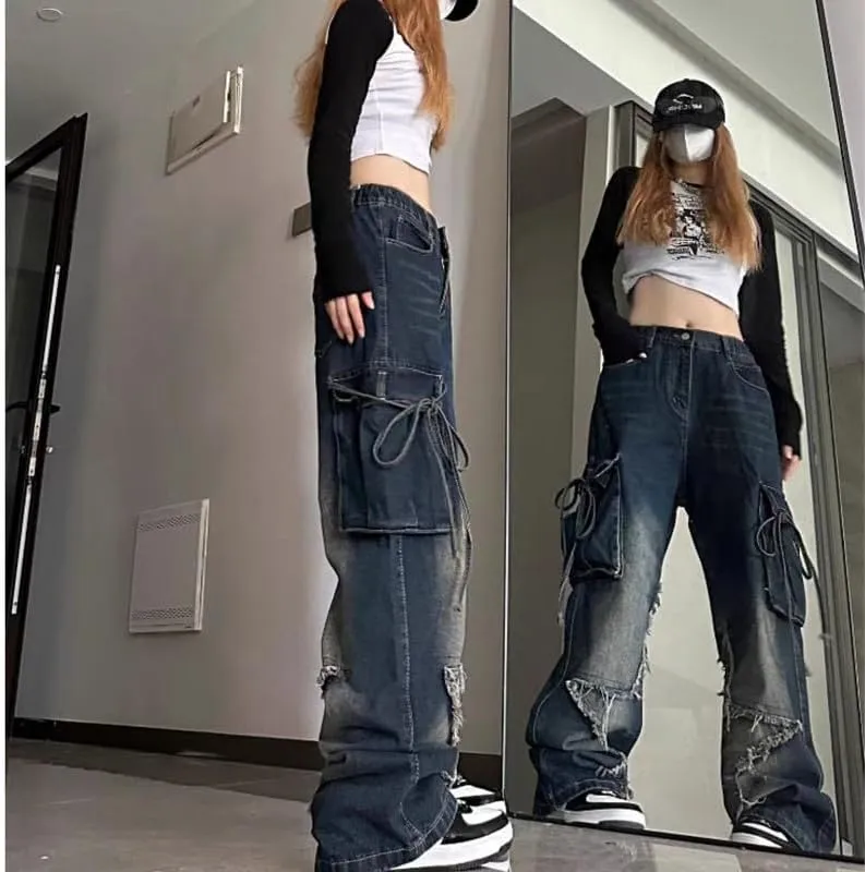 Baggy Cargo Pants for Women Girls Star Jeans Y2k Low Waisted Wide Leg Jeans Cute Streetwear Vintage Clothes