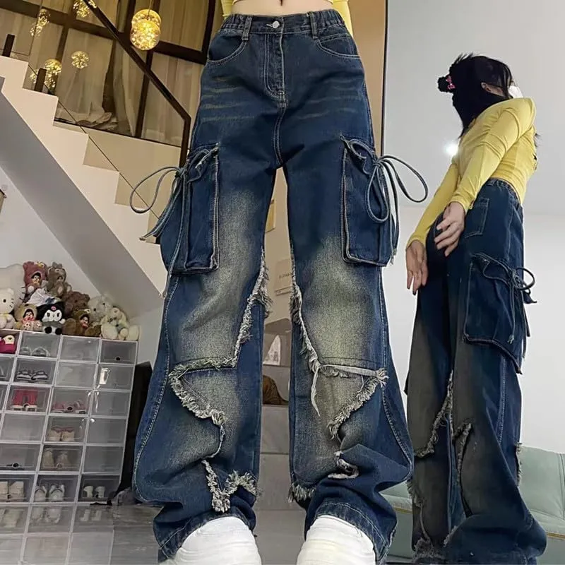 Baggy Cargo Pants for Women Girls Star Jeans Y2k Low Waisted Wide Leg Jeans Cute Streetwear Vintage Clothes