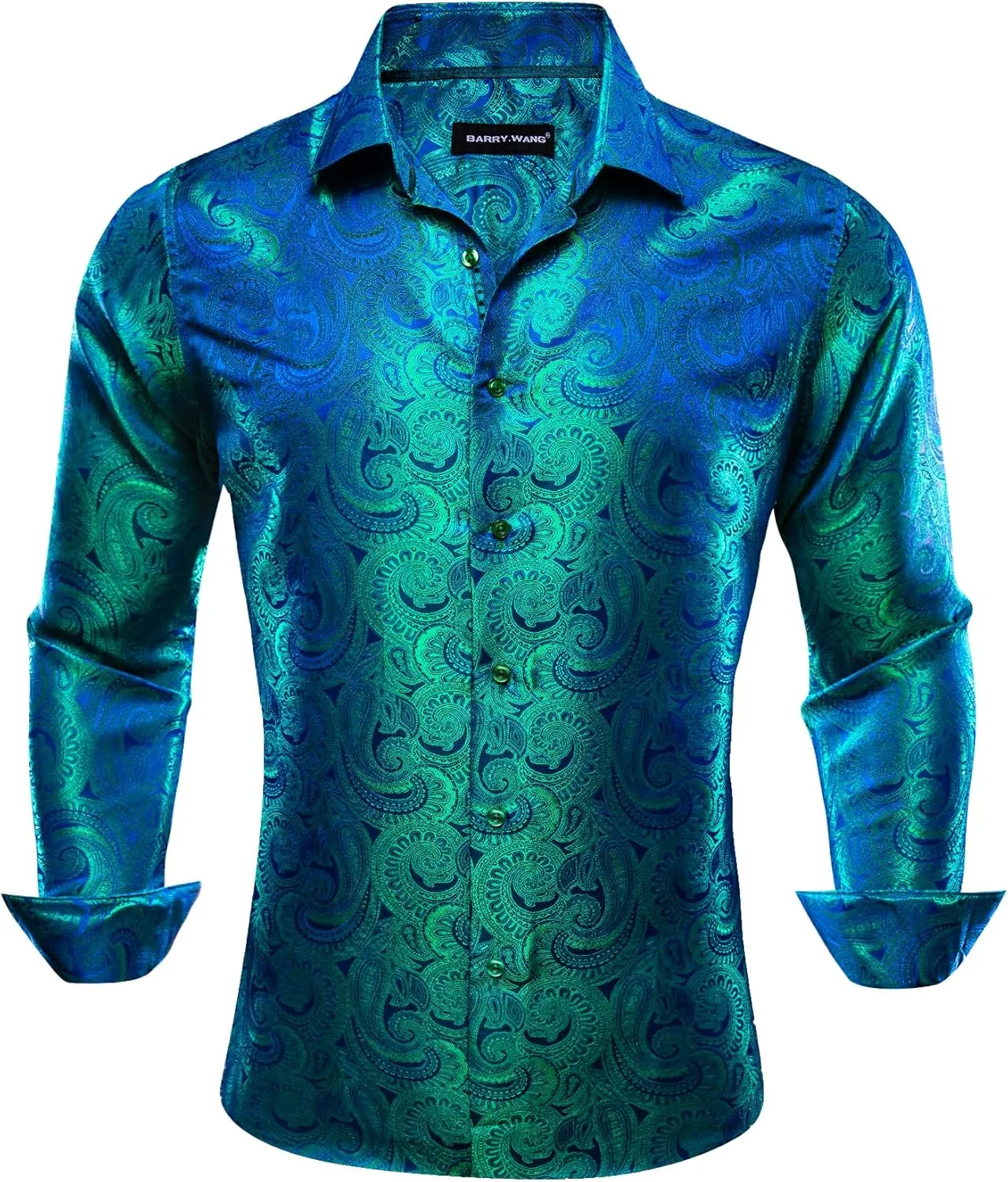 Barry.Wang Men Dress Shirts Paisley 70s Disco Shirt Button Down Silk Long Sleeve Tops for Wedding/Prom/Party/Nightclub