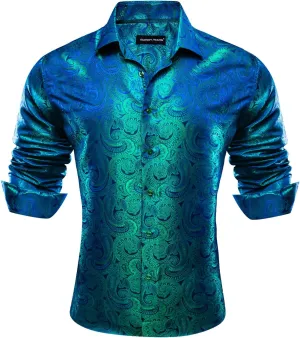 Barry.Wang Men Dress Shirts Paisley 70s Disco Shirt Button Down Silk Long Sleeve Tops for Wedding/Prom/Party/Nightclub
