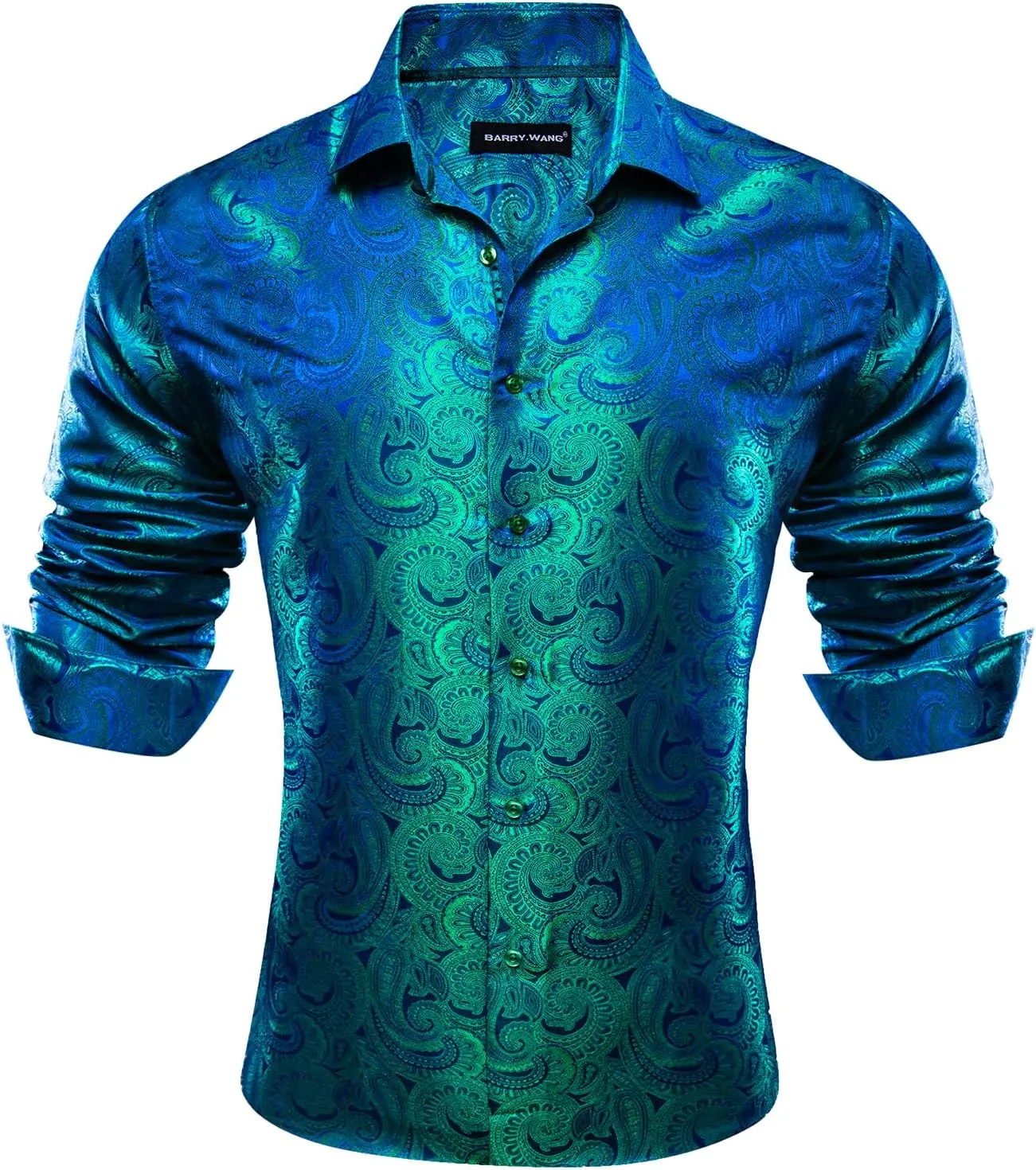 Barry.Wang Men Dress Shirts Paisley 70s Disco Shirt Button Down Silk Long Sleeve Tops for Wedding/Prom/Party/Nightclub