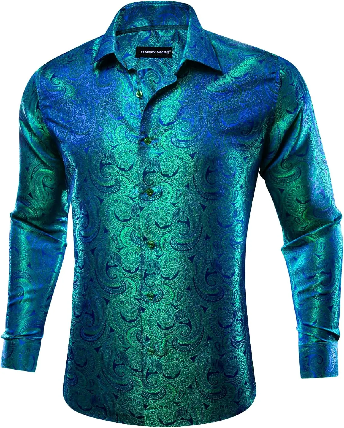 Barry.Wang Men Dress Shirts Paisley 70s Disco Shirt Button Down Silk Long Sleeve Tops for Wedding/Prom/Party/Nightclub