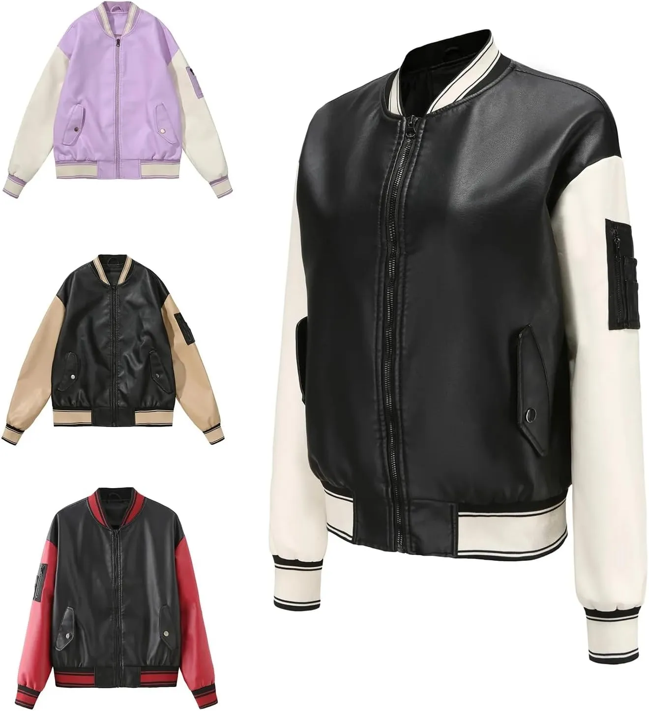 Baseball Bomber Jacket Women Patchwork Leather Jackets Spring Autumn Streetwear College Coats Loose Women Clothing
