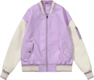 Baseball Bomber Jacket Women Patchwork Leather Jackets Spring Autumn Streetwear College Coats Loose Women Clothing