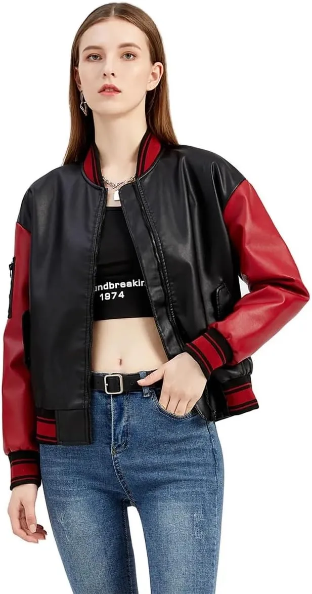 Baseball Bomber Jacket Women Patchwork Leather Jackets Spring Autumn Streetwear College Coats Loose Women Clothing