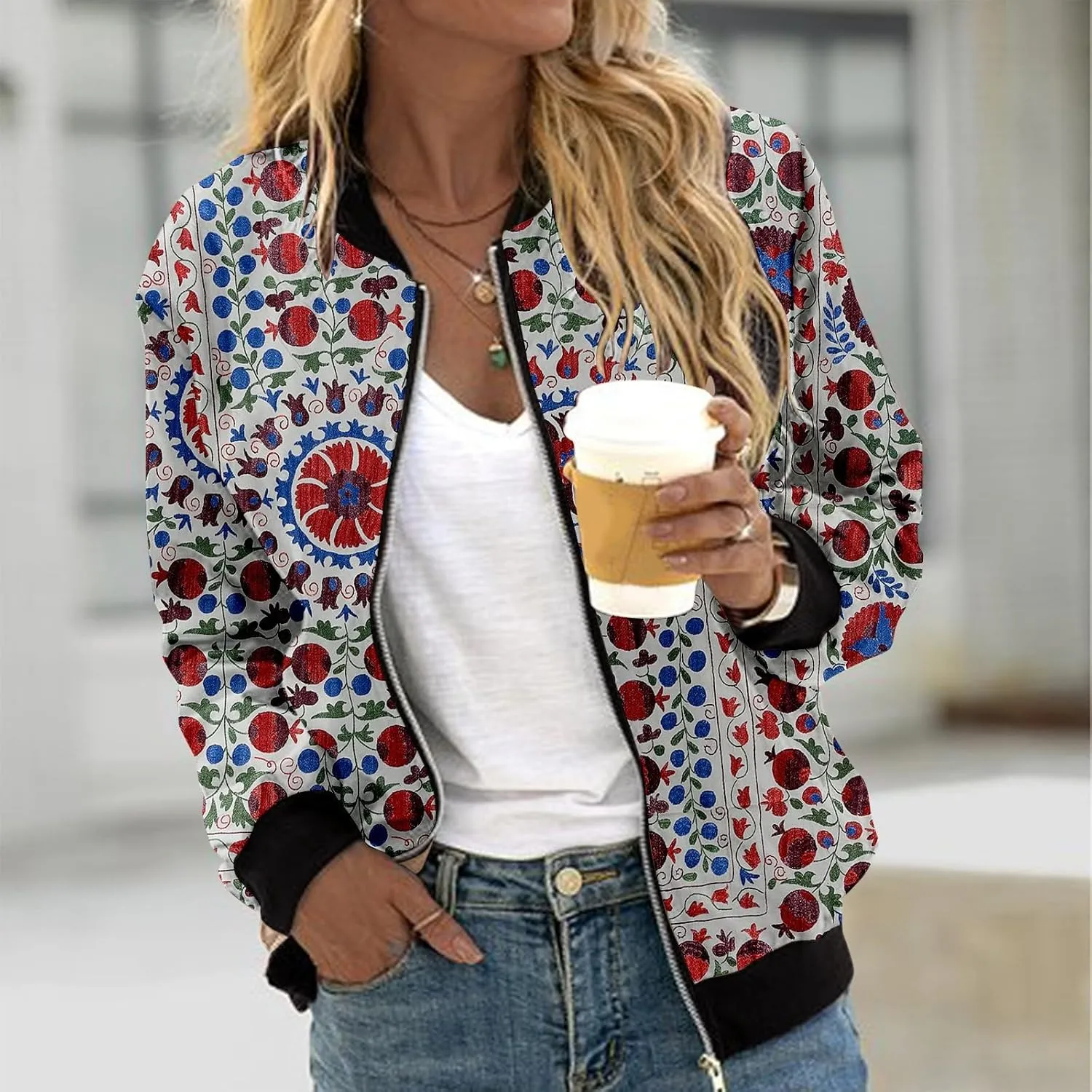Baseball Jacket Coat for Women Thin Pocket Jacket Blouse Varsity Coat Baseball Top Floral Jackets for Women Fall 2024