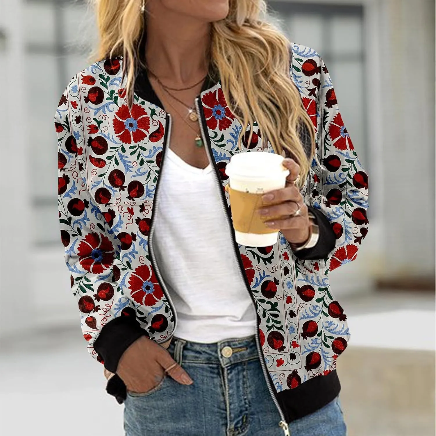 Baseball Jacket Coat for Women Thin Pocket Jacket Blouse Varsity Coat Baseball Top Floral Jackets for Women Fall 2024