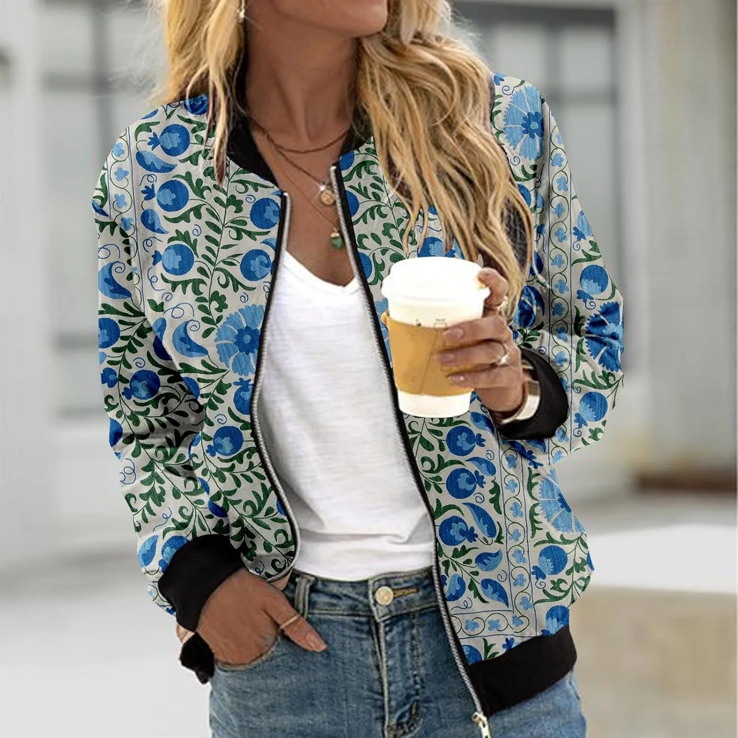 Baseball Jacket Coat for Women Thin Pocket Jacket Blouse Varsity Coat Baseball Top Floral Jackets for Women Fall 2024