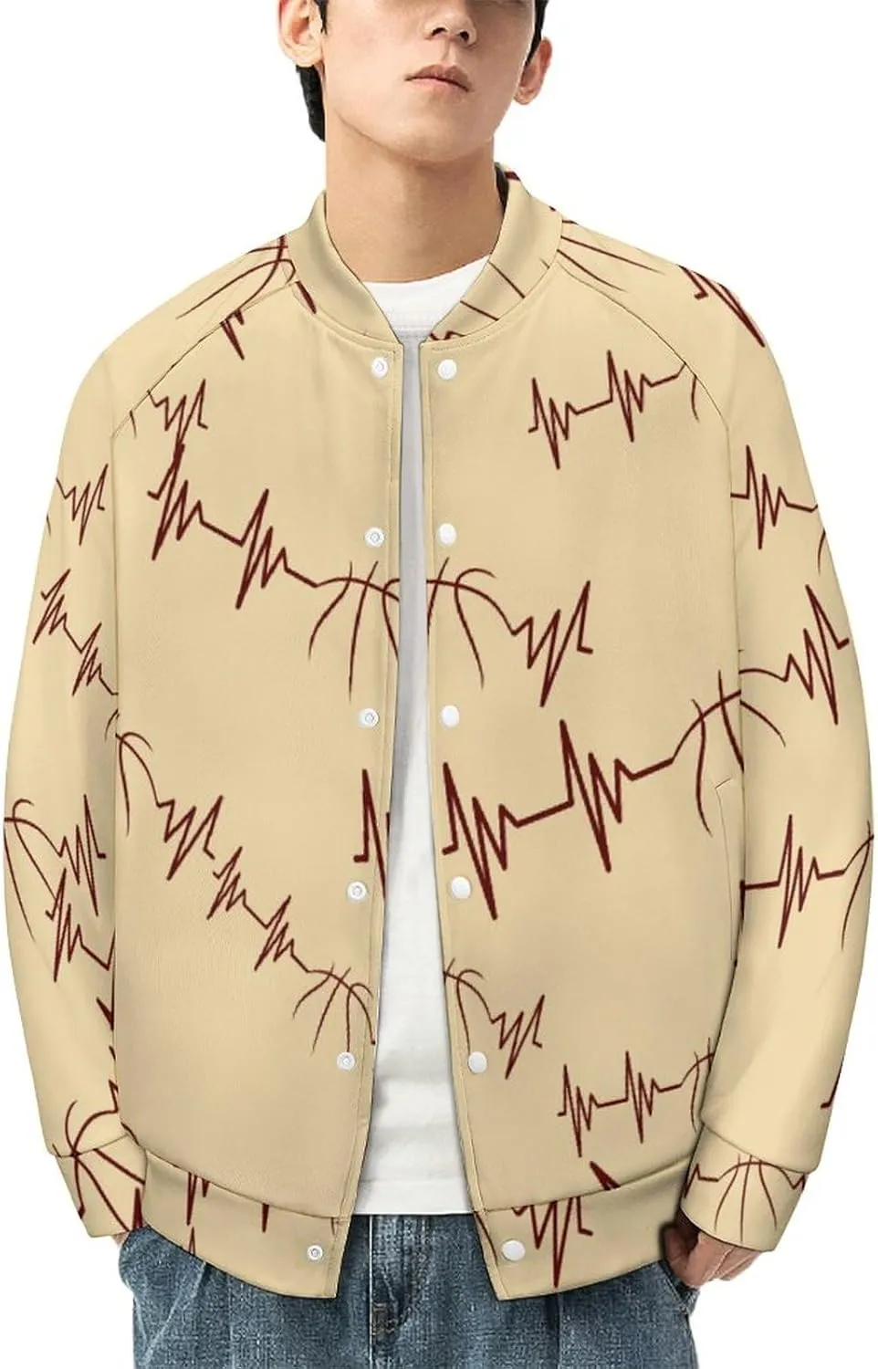 Basketball Heartbeat Lightweight Men's Baseball Jackets Relaxed Fit Varsity Bomber Jacket Windbreaker Coat