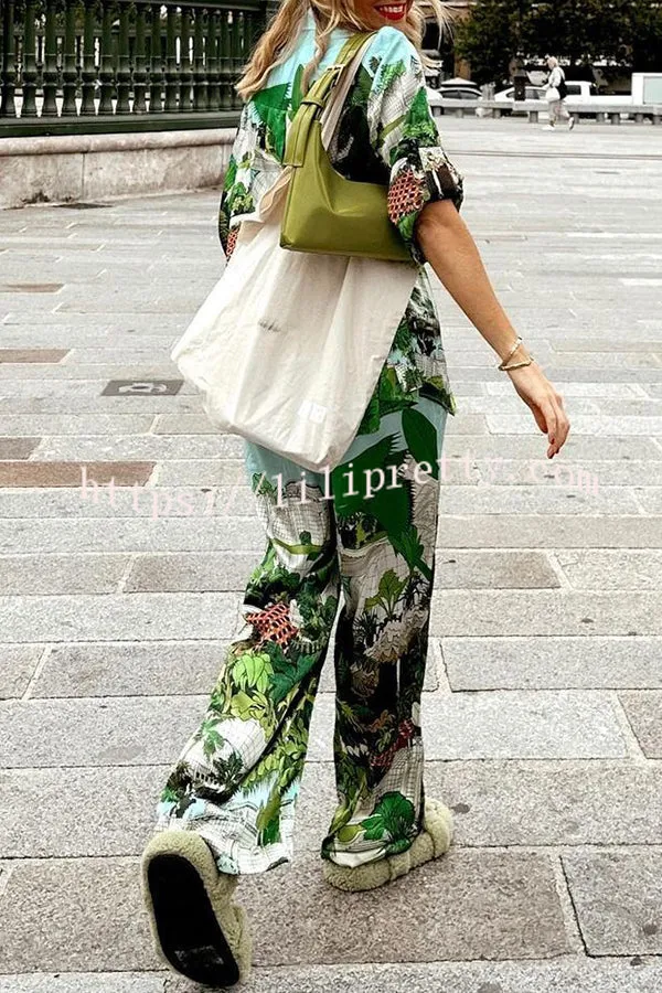 Beautiful Landscape Print Button Pocket Tie Elastic Waist Pants Set
