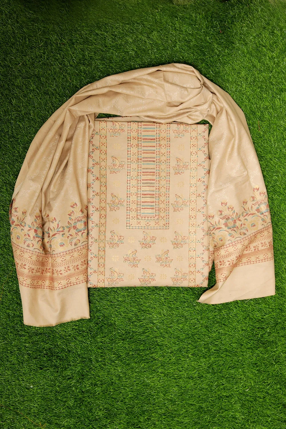 Beige Colour Cotton Zari Kani Stole Suit With Self Woven Embroidery Known For Its Unique Design.
